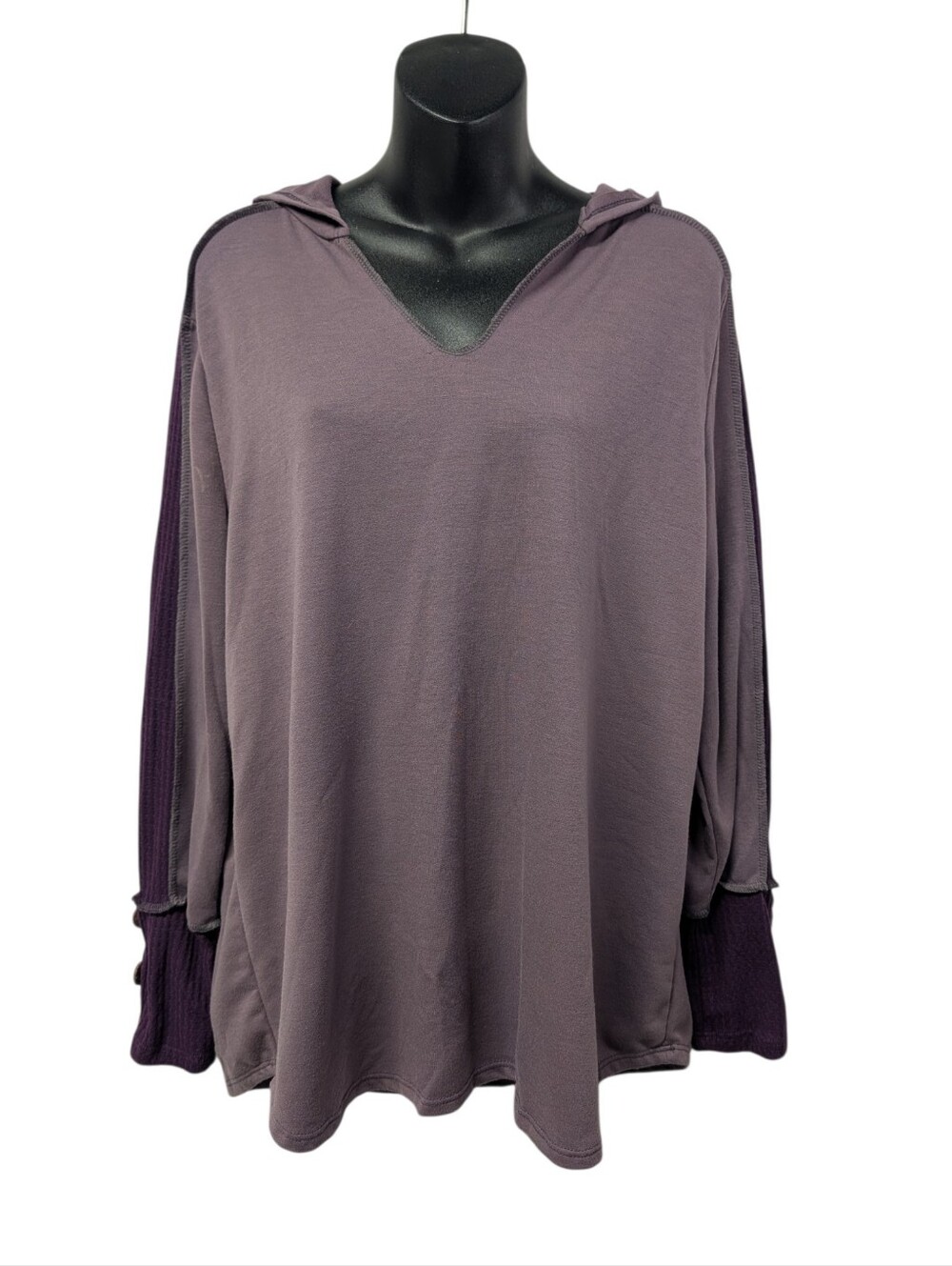 BiBi Soft Stretch Hooded Tunic Top Purple Mauve Color Block Waffle Knit Sleeves